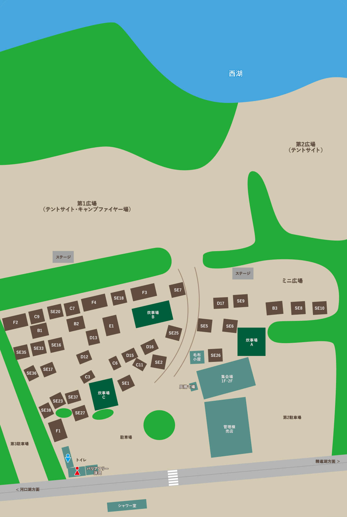西湖湖畔キャンプ場 場内MAP